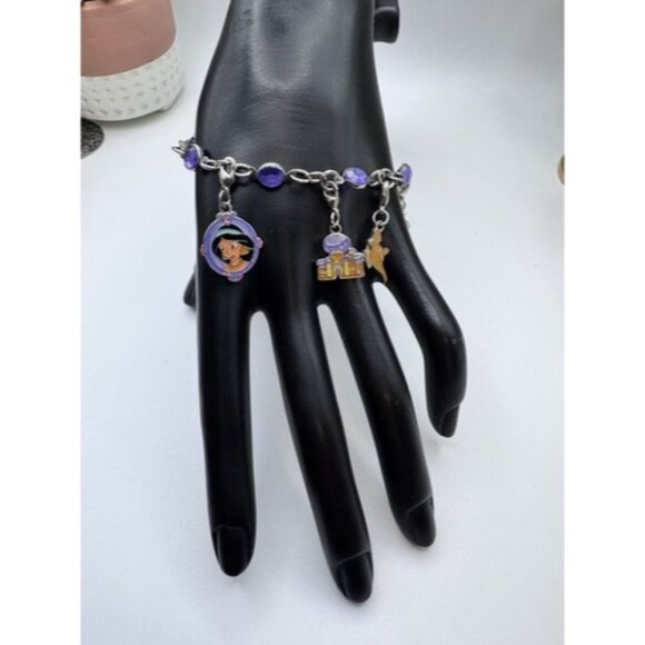 Disney Jewelry - Vintage Disney Aladdin Enamel Charm Bracelet Purple Crystals Jasmin Genie Bottle